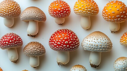 Obraz premium A collection of colorful mushrooms with distinctive caps and stalks arranged on a surface.