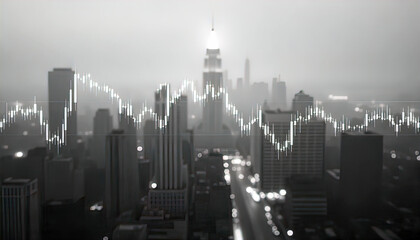 forex big data candlestick charts on blurred city background. Trading, technology, investment and analysis concept.