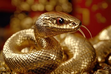 Obraz premium A golden snake statue sits atop a pile of shiny gold coins