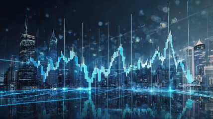 forex big data candlestick charts on blurred city background. Trading, technology, investment and analysis concept.