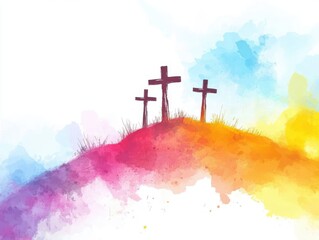 Obraz premium Serene Artistic Representation of Three Crosses on a Colorful Hilltop Surrounded by Vibrant Watercolor Splashes Symbolizing Faith and Spiritual Renewal