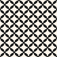 Simple elegant black and white abstract seamless pattern. Vector monochrome geometric texture with repeated elements, curved rhombus shapes, grid, lattice. Minimal background. Geo design for decor
