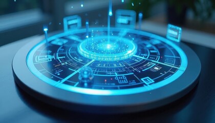 Circular table with glowing blue diagrams and light beams