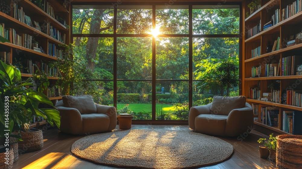 Aufkleber Soft sunlight filters through large windows, illuminating a comfortable reading area filled with books and surrounded by greenery. Two inviting chairs invite relaxation and reading.