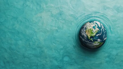 Earth globe floating in turquoise water creating calm ripples