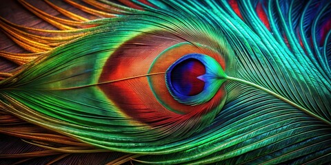 Obraz premium Close-up view of iridescent peacock feather, vibrant greens, blues, and reds, detailed texture