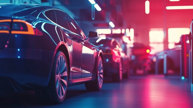 Vehicles in Automated Maintenance Bay with Urban Background