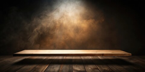 Elevated Wooden Platform Against Smoky Background with Dramatic Lighting