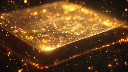 Obraz premium Magic book with golden light and shimmering stars. Open pages with bright glowing streams and mystical sparkles on dark background. 3d vector fantasy storytelling and magical education content.