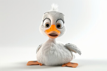 Obraz premium Cute cartoon duckling with big eyes and fluffy feathers on white background