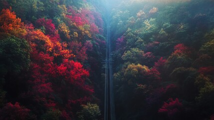 Vibrant Sunset Over Transmission Lines in Dense Forest