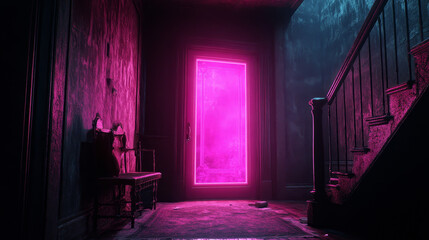 Home hall interior at night with magic glowing pink mirror. Cartoon vector illustration of fantasy wizard portal standing in entrance room with furniture and stairs. Fairy witch mystery frame.