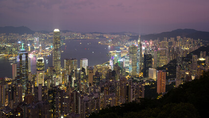 Fototapeta premium Hong Kong skyline during sunset, wide angle view of the whole skyline from above
