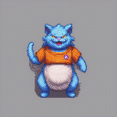 Fototapeta premium Cute pixel art of a blue cat in an orange shirt.