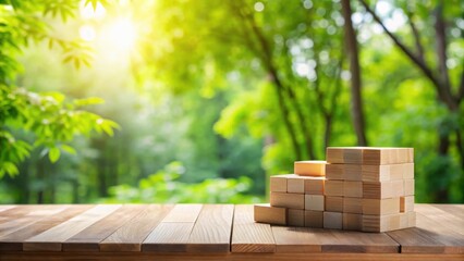 Wooden blocks forming a structure on a wooden table outdoors with a sunlit forest background
