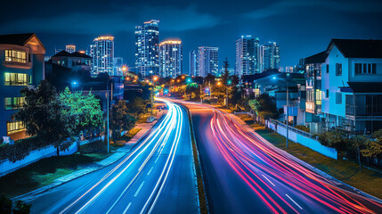 Fototapeta premium City street with houses and buildings with glowing windows at night. Cityscape with empty road, houses and skyscrapers with neon color ligth, vector cartoon illustration