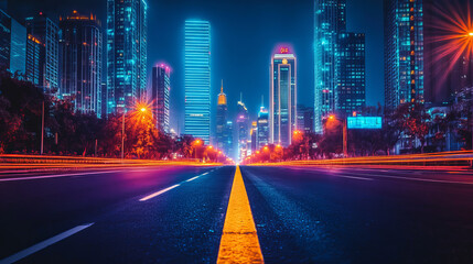 Obraz premium City street with houses and buildings with glowing windows at night. Cityscape with empty road, houses and skyscrapers with neon color ligth, vector cartoon illustration