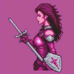 Pixel art of a fierce pink-clad warrior wielding a sword.