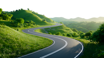 Winding mountain road with lush green vegetation, photorealistic, isolated on a white background.
