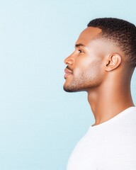 Fototapeta premium A profile shot of a man with sleek hair, showcasing elegance and confidence against a light blue background.