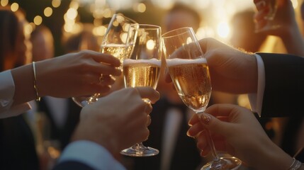 People clink glasses filled with sparkling beverages during a lively celebration at sunset. The atmosphere is festive, with warm lights illuminating the background