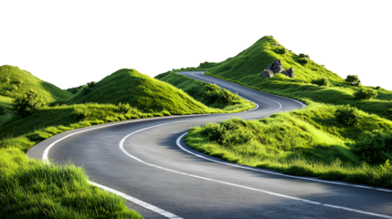 Winding mountain road with lush green vegetation, photorealistic, isolated on a white background.