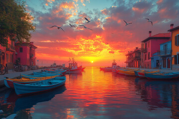 Fototapeta premium Photo réaliste professionnelle d’un port de pêche vibrant au coucher du soleil, avec des bateaux colorés alignés le long des quais, et des mouettes volant au-dessus
