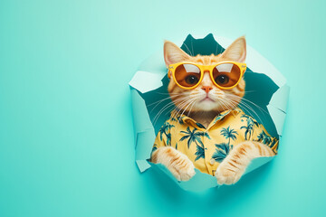 cat wearing sunglasses and a Hawaiian shirt is peeking out from a hole in a wall. The image has a playful and lighthearted mood, as the cat is dressed up in a human-like outfit