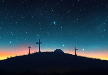 Obraz premium Serene Night Sky Over Graveyard with Silhouetted Crosses and Distant Stars, Capturing a Peaceful Atmosphere and Reflection on Life and Death