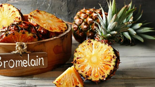 Bromelain in pineapple capsules supplements on the table. Selective focus. food.