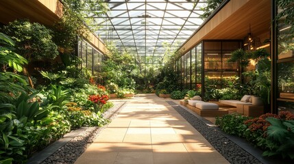 A serene indoor garden invites visitors with a variety of vibrant plants, arranged along a tranquil pathway surrounded by lush greenery under a glass roof.