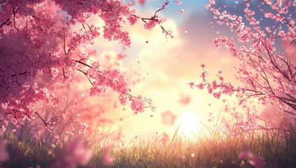 Serene Spring Blossoms at Sunset with Cherry Trees and Vibrant Pink Flowers Against a Softly Lit Sky Over a Tranquil Meadow Scene