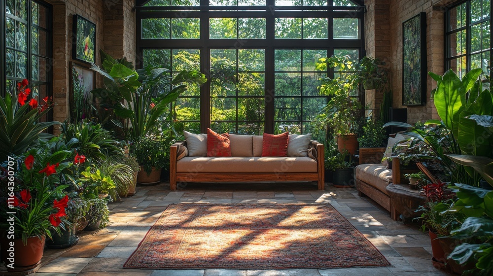 Fototapete A tranquil indoor garden features an array of vibrant plants and comfortable seating. Sunlight streams through large windows, creating a calming atmosphere with warm colors.