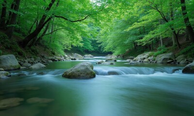Fototapeta premium Green trees surround river with large stones.