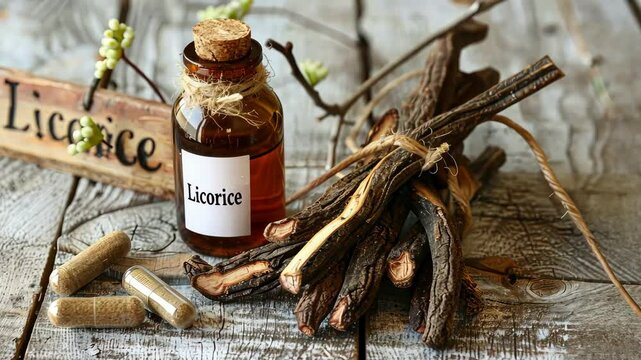 Licorine capsules and suplements on the table. Selective focus. nature.