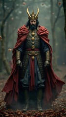 Fototapeta premium Powerful emperor wearing ornate golden armor and red cape standing in misty forest