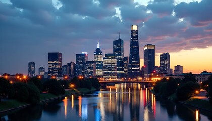 Fototapeta premium City Skyline at Dusk River Reflection Bridge Night Lights