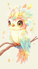 Adorable Pastel Bird Perched on Branch Wearing Feather Headdress