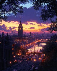 Obraz premium Pixel Art Cityscape Sunset Over River and Clock Tower