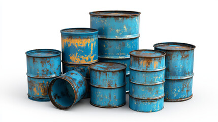 Set of blue metal barrels on a white background, 3d render