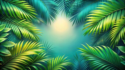 Lush Tropical Palm Fronds Frame a Soft Teal Background, Ideal for Summer Designs and Vacation Themed Projects