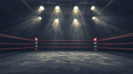 Empty mma ring with ropes, illuminated with bright spotlights. Cartoon vector illustration of arena for fighting, wrestling, training and competition. Sports match, betting announcement background