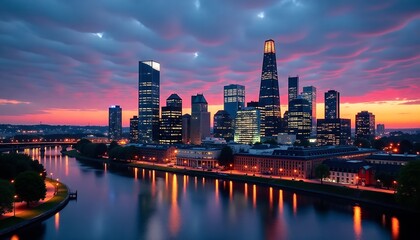 Fototapeta premium City Skyline Sunset, River Reflections, Night Lights, Pink Clouds