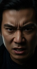 Fototapeta premium Close up of Asian Man face, Angry Expression, Zoom In, Zoomed