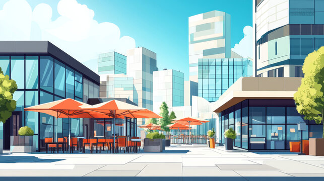 Poster of modern city buildings. Vector horizontal banner of urban architecture with isometric house, hotel with terrace on roof and restaurant with umbrellas, office and small shop
