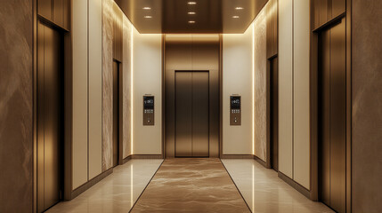 Realistic elevator cabin with closed doors inside view. Empty lift interior with chrome metal buttons and digital panel, office, hotel or dwelling indoors speedy transportation 3d vector illustration