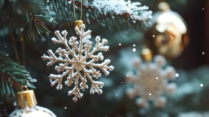 A delicate snowflake ornament hangs from a decorated Christmas tree
