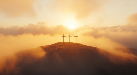 Obraz premium Serene Sunrise Over Three Crosses on a Hilltop Surrounded by Soft Mist and Clouds Offering a Spiritual and Peaceful Atmosphere for Reflection or Worship