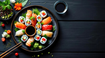 traditional Japanese sushi platter with assorted nigiri and sashimi, on a wooden board, elegant restaurant setting