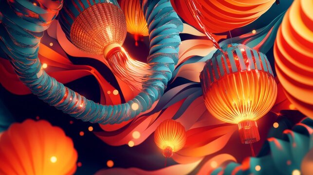 Happy Chinese New Year of the Snake 2025. Vector 3d modern abstract illustration of geometric chinese lanterns, sequin pattern, floral ornament for China greeting card, poster, background or postcard